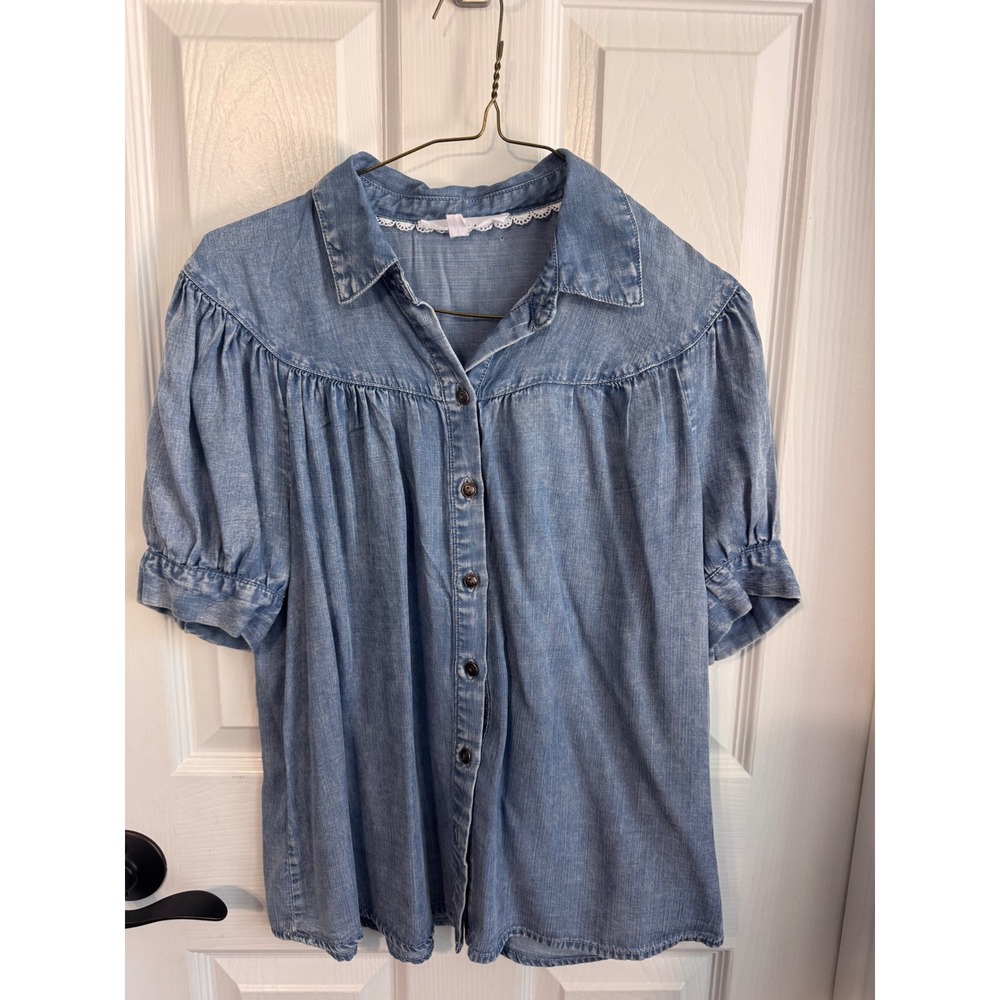 Jane + Delancey Top Chambray Puff Sleeve Button Front Top XS